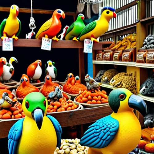 Home 14 A vibrant display of Dodo bird souvenirs in a market setting. Include Dodo bird figurines, t-shirts, and keychains. The market background should evoke the atmosphere of Port Louis Central Market.