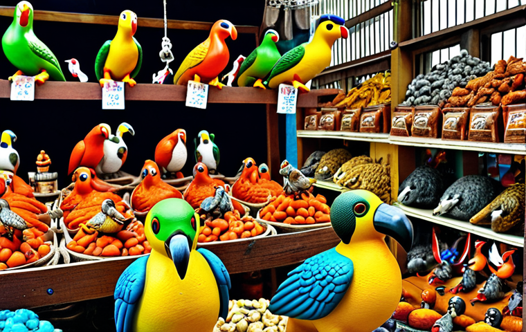 A vibrant display of Dodo bird souvenirs in a market setting. Include Dodo bird figurines, t-shirts, and keychains. The market background should evoke the atmosphere of Port Louis Central Market.