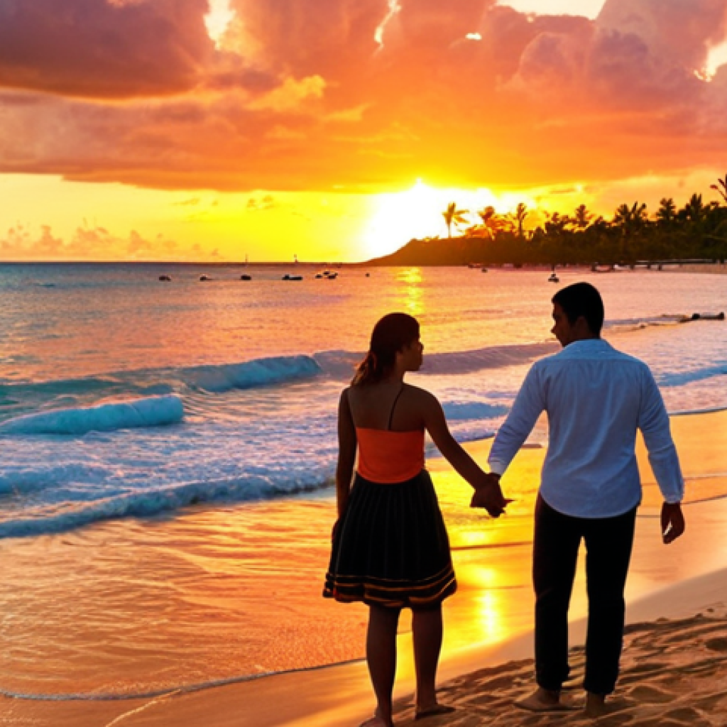**

Sunset at Flic en Flac beach, Mauritius. A couple holding hands, gazing at the colorful sky with orange, red, and golden hues. Local restaurants visible in the background.

**