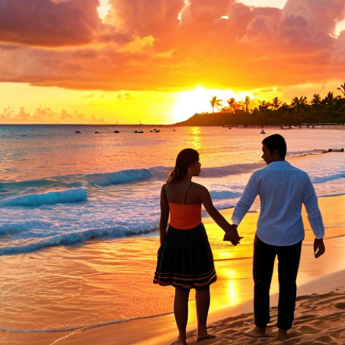Home 13 **
Sunset at Flic en Flac beach, Mauritius. A couple holding hands, gazing at the colorful sky with orange, red, and golden hues. Local restaurants visible in the background.
**