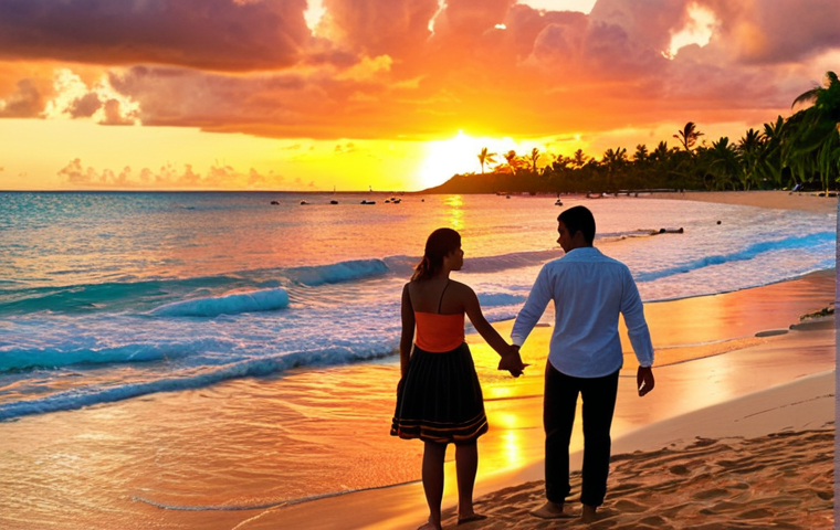 **

Sunset at Flic en Flac beach, Mauritius. A couple holding hands, gazing at the colorful sky with orange, red, and golden hues. Local restaurants visible in the background.

**