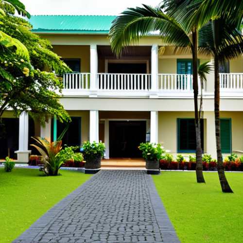 Home 6 **
A modest and family-friendly budget hotel exterior in Mauritius, surrounded by lush greenery, with fully clothed tourists entering and exiting, appropriate content, safe for work, professional photography, natural lighting, correct proportions, perfect anatomy, clear details, professional setting, daytime.
**