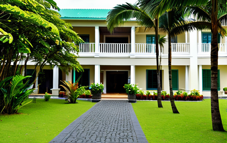 **

A modest and family-friendly budget hotel exterior in Mauritius, surrounded by lush greenery, with fully clothed tourists entering and exiting, appropriate content, safe for work, professional photography, natural lighting, correct proportions, perfect anatomy, clear details, professional setting, daytime.

**